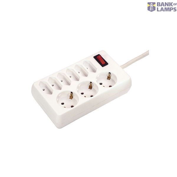 9 way socket outlet 1,4m H05VV- F 3G1,5 cable white 6 euro and 3 DIN 10/16A. reinforced safety thanks children protection, on/off switch with control light 45° orientated socket outlets 250V / 10A / 16A   max. 3500 W in polybag with label image 1