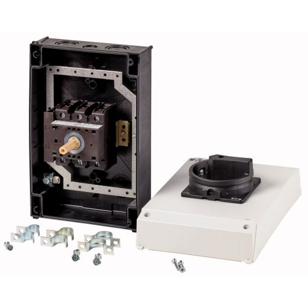 P3-63/I4/MBS/SVB-SW/HI11 Main switch, P3, 63 A, surface mounting, 3 pole, 1 N/O, 1 N/C, STOP function, With black rotary handle and locking ring, Lockable in the 0 (Off) posit image 1