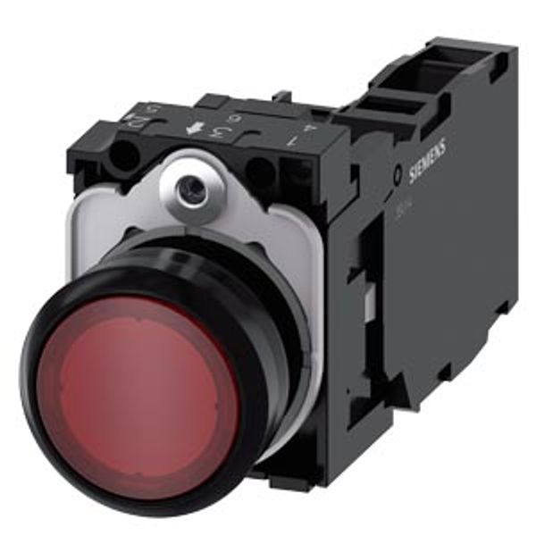 Pushbutton, illuminated, 22 mm, round, plastic, red, 1 NO + 1 NC, 110 V AC image 1