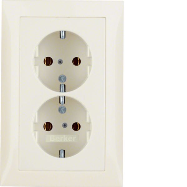 Double socket, SCHUKO with frame, 16 A, 250 V~, screwless. clamps, Berker S.1, cream, gloss image 1