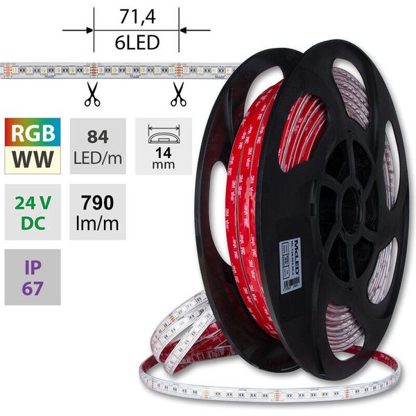 LED strip SMD5050 RGB + WW, 84LED/m, 15W/m, DC24V, 790lm/m, IP67, 14mm, 50m image 1