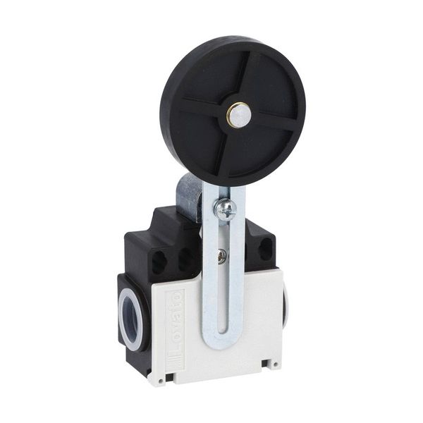 Limit switch, K series, adjustable roller lever, 2 side cable entry. Dimensions compatible to EN 50047, plastic body, contacts 1NO+1NC slow action make before break. Rubber roller image 1