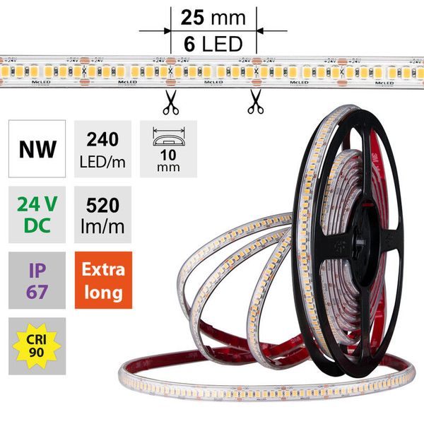 LED strip SMD2835 NW, 240LED/m, 6W/m, DC 24V, 520lm/m, CRI90, IP67, 10mm, 5m image 1