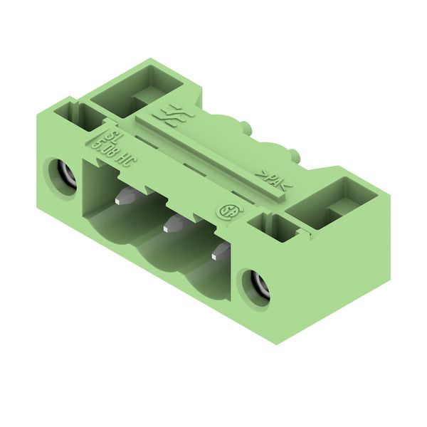 PCB plug-in connector, male header, Flange, THT solder connection, 5.08 mm, Number of poles: 3, 90°, Solder pin length (l): 3.2 mm, tinned, Pale green, Box image 3