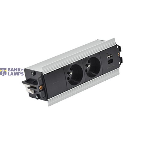Indesk 2x250V typ E sockets + USB A+C charger; 10 cm cable; aluminum-black image 1