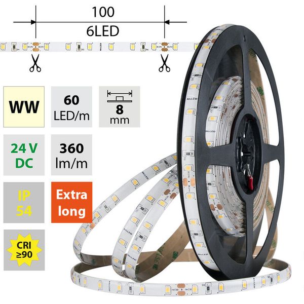 LED strip SMD2835 WW, 60LED/m, 4,8W/m, DC 24V, 360lm/m, CRI90, IP54, 8mm, 5m image 1