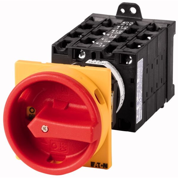T3-6-8347/V/SVB Main switch, T3, 32 A, rear mounting, 6 contact unit(s), 11-pole, Emergency switching off function, With red rotary handle and yellow locking ring image 1
