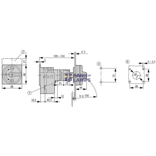 Main switch, T5, 100 A, rear mounting, 2 contact unit(s), 4 pole, Emergency switching off function, With red rotary handle and yellow locking ring image 2