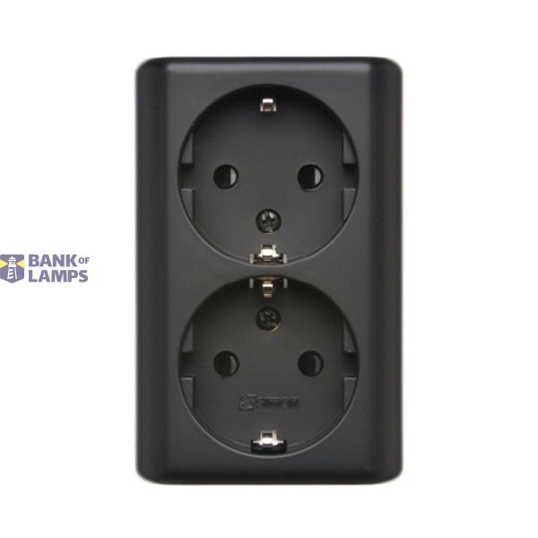 Double socket outlet with Schuko earthing and shutters, flush mounted - Scandinavian version, (Complete product), 16A, 250V, quick connection, black matt image 1