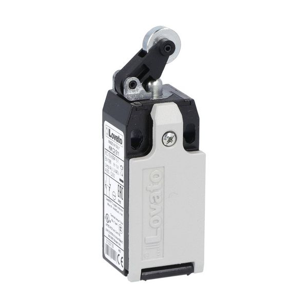 Limit switch, K series, roller centre push lever, 1 bottom cable entry. Dimensions to EN 50047, metal body, contacts 1NO+1NC slow action make before break. Metal roller image 1