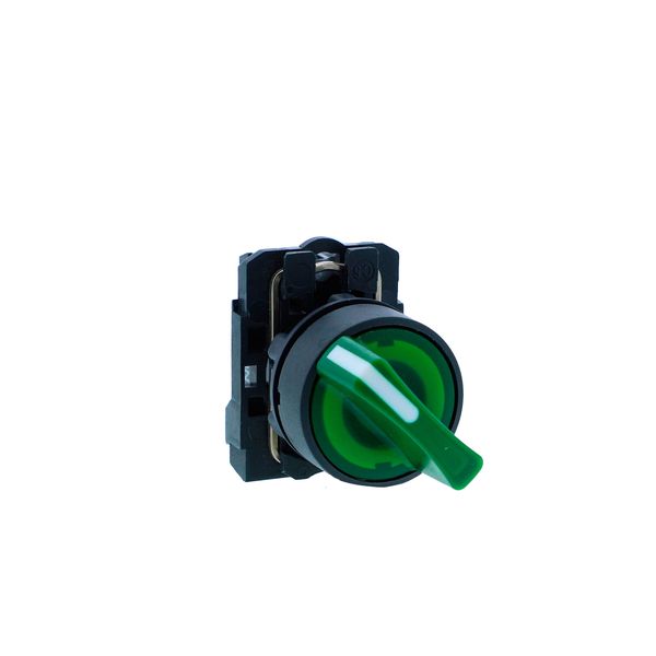 Ill selector switch, Harmony XB5N XB7N, plastic, green, 22mm, short handle, 2 position, stay put, 230V AC, 1 NO image 1