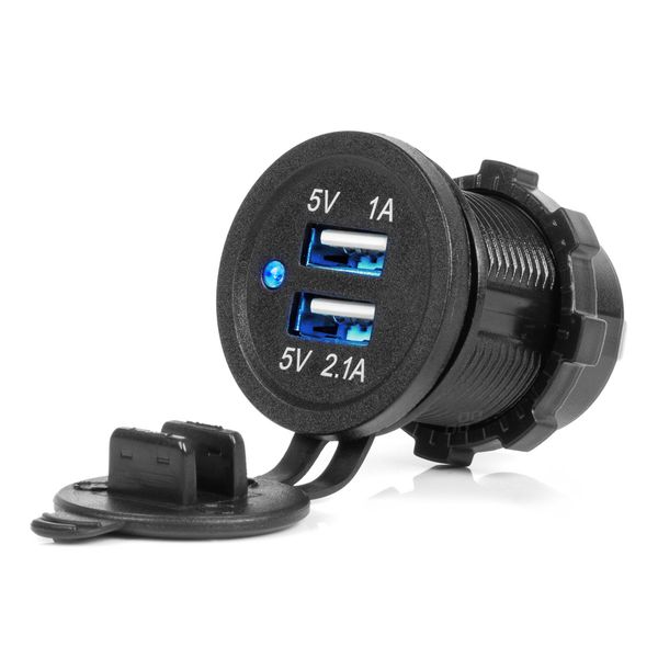 Waterproof Phone Charger with BLUE LED Indicator 3.1A 2xUSB 12/24V AMIO-04216 image 1