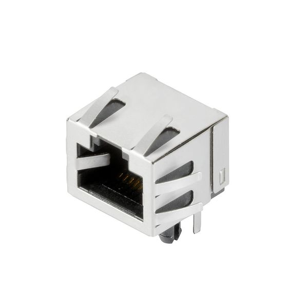 PCB plug-in connector, RJ45 jacks, Cat. 5 , THT/THR solder connection, 90°, Latch option: bottom, Shield tabs: 6 tabs, 30...80 µ" Ni / ≥ 30 µ" Au , LED: No, Number of poles: 8, Tape image 1