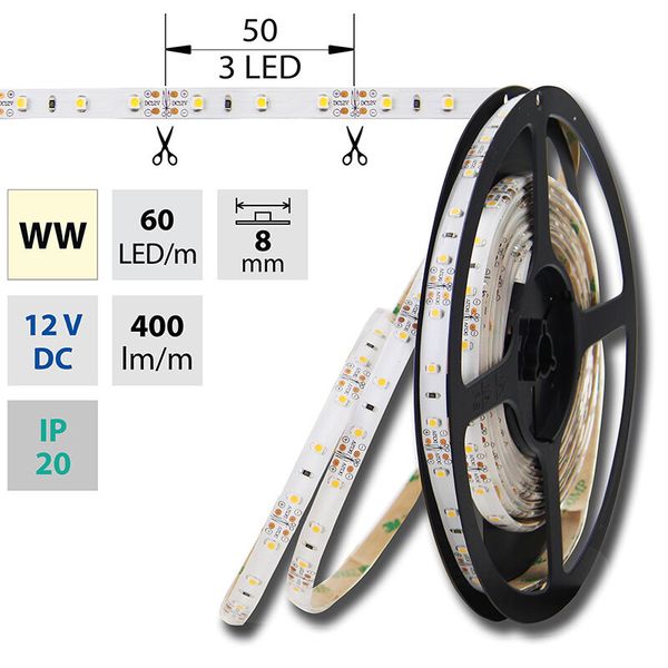 LED strip warm white WW, 60LED 4.8W/12V 400lm/m IP20, 50 m image 1