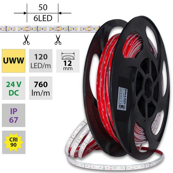 LED strip SMD2835 UWW, 120LED/m, 14W/m, DC 24V, 760lm/m, CRI90, IP67, 12mm, 50m image 1