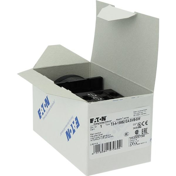 T3-4-15682/EA/SVB-SW Main switch, T3, 32 A, flush mounting, 4 contact unit(s), 6 pole, 1 N/O, 1 N/C, STOP function, With black rotary handle and locking ring, Lockable in image 7
