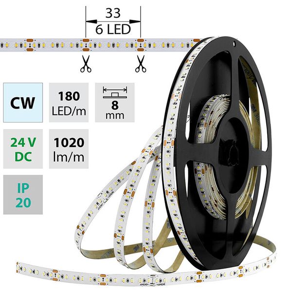 LED strip SMD2216 CW, 180LED/m, 12W/m, 1020lm/m, IP20, DC 24V, 8mm, 5m image 1