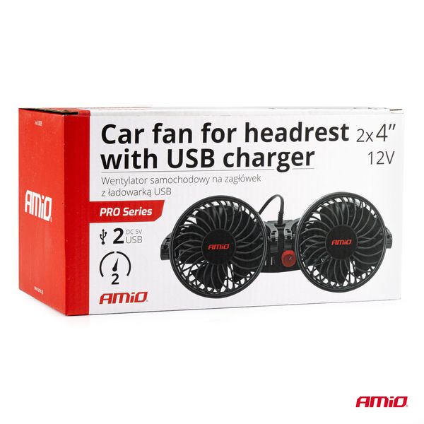 Car fan for headrest with USB charger 2x4" 12V image 1