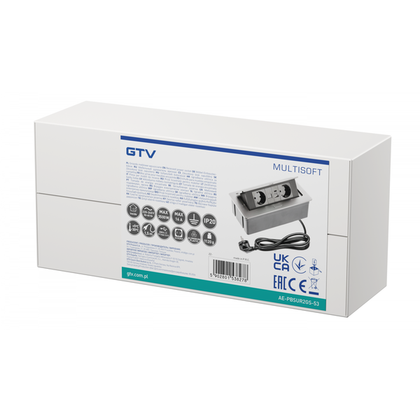 Furniture socket MULTISOFT, 2xSHUKO, USB A+C, RJ45, cable 1.5 m, aluminum image 2