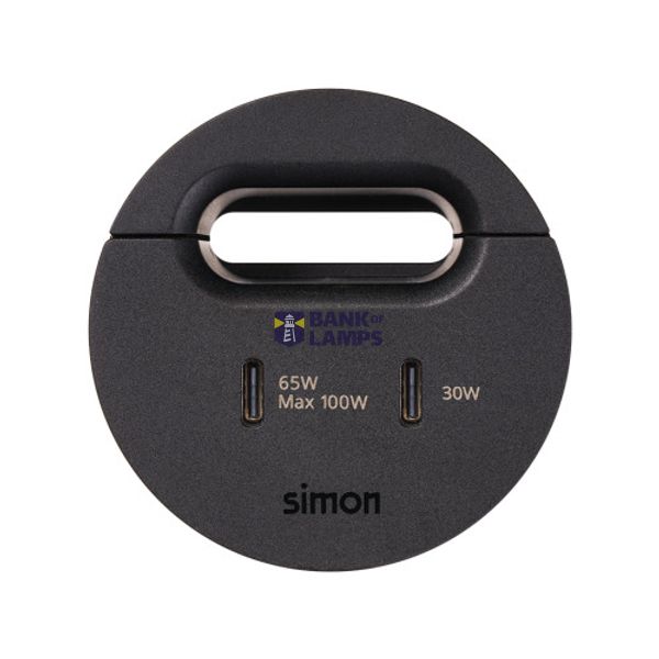 Furniture charger USB-C 100W double with grommet (cable outlet), Simon 400 Flash 60, IP20, black, Mount. dimen.: Ø54mm image 1