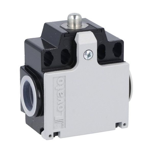Limit switch, K series, top push rod plunger, 2 side cable entry. Dimensions compatible to EN 50047, metal body, contacts 2NC snap action. Metal plunger image 1