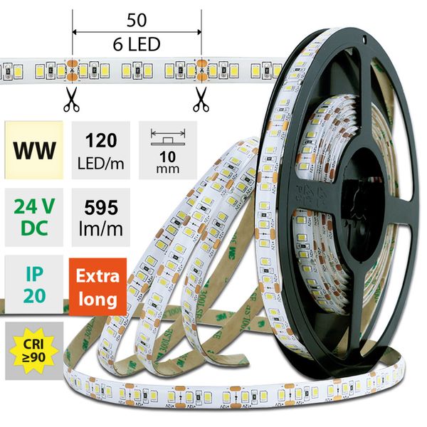 LED strip SMD2835 WW, 120LED/m, 7W/m, 595lm/m, IP20, DC 24V, 10mm, 10m image 1