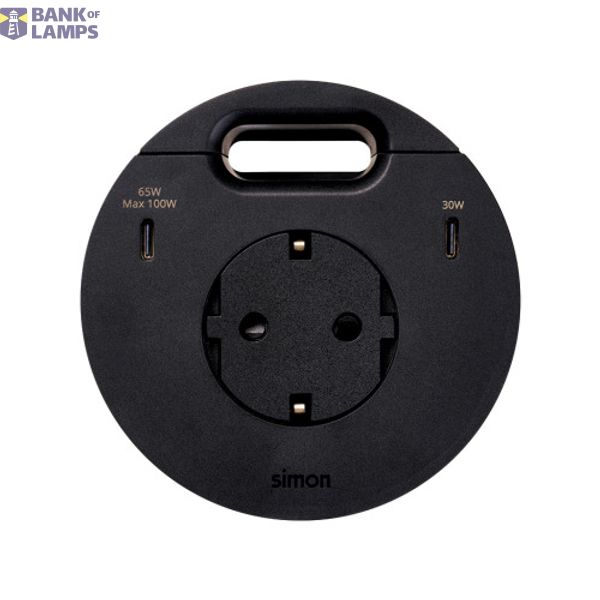 Furniture power socket (schuko grounding) with USB-C 100W charger and grommet (cable outlet), Simon 400 Flash 90, IP20, 16A, black, Mount. dimen.: Ø80mm image 1