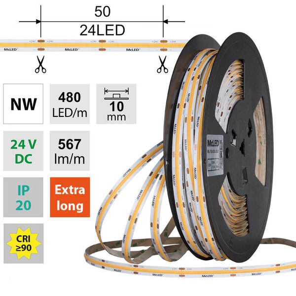 LED strip COB NW, 480LED/m, 5W/m, DC 24V, 567lm/m, CRI90, IP20, 10mm, 5m image 1