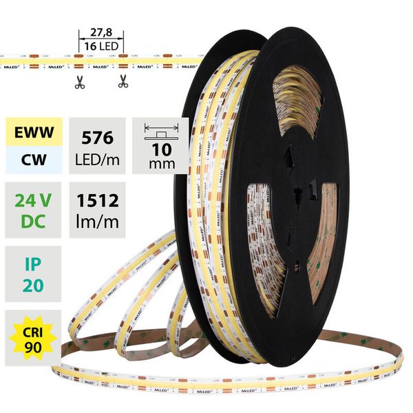 LED strip COB dual white EWW-CW, 576LED/m, 15W/m, 1512lm/m, CRI90, IP20, DC 24V, 10mm, 50m image 1