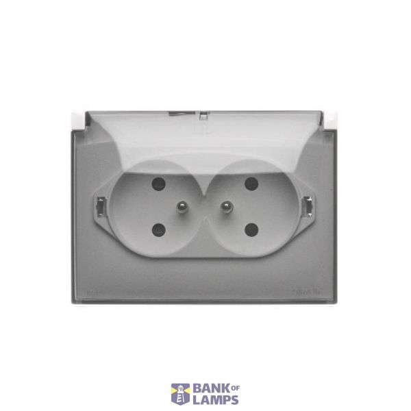 Double compact socket outlet with earthing IP44 version and shutters - transparent flap, 16A, Screw, white image 1