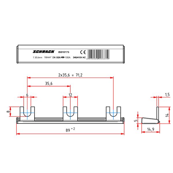 CU Busbar, 3x for TN-C network, grey, for B/C Arrester (The price is shown without markup on metals. Request a quote for accurate information) image 2