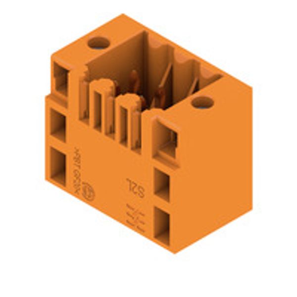 PCB plug-in connector, male header, Flange, THT solder connection, 3.50 mm, Number of poles: 6, 180°, Solder pin length (l): 3.5 mm, Gold-plated, orange, Box image 1