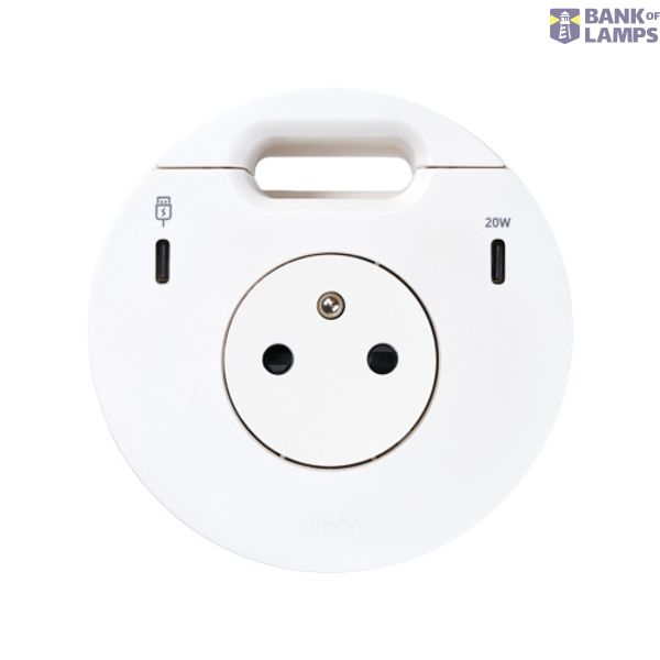 Furniture power socket (pin grounding) with USB-C 20W charger, USB Type C DATA port and grommet (cable outlet)- 1x HDMI + LAN + 3x USB Type A docking station included, Simon 400 Flash 90, IP20, 16A, white, Mount. dimen.: Ø80mm image 1