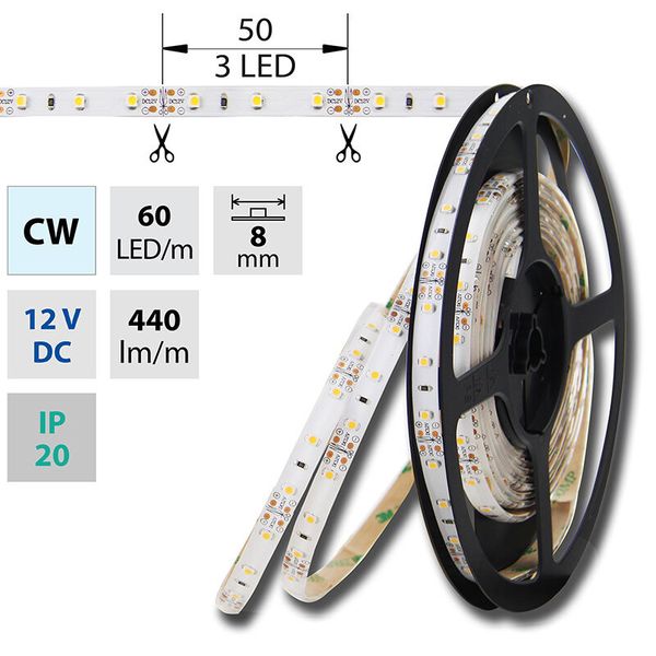LED strip SMD3528 cold white, 60LED/m, IP20, DC 12V, 8mm, 50m image 1