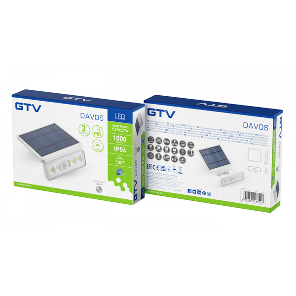 LED luminaire on solar battery DAVOS, motion/twilight sensor, 1000lm, 4000K, 2000 mAh, IP54, white image 1