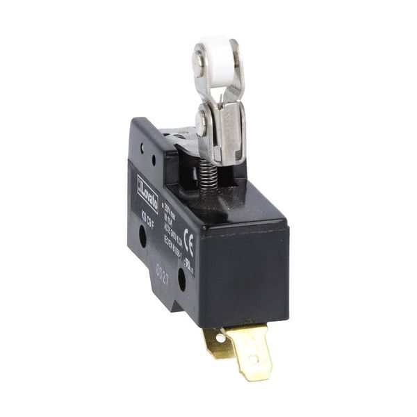Plastic micro switch, K series, top roller push plunger. One-way roller lever. Contacts 1NO/NC. Faston terminals image 1
