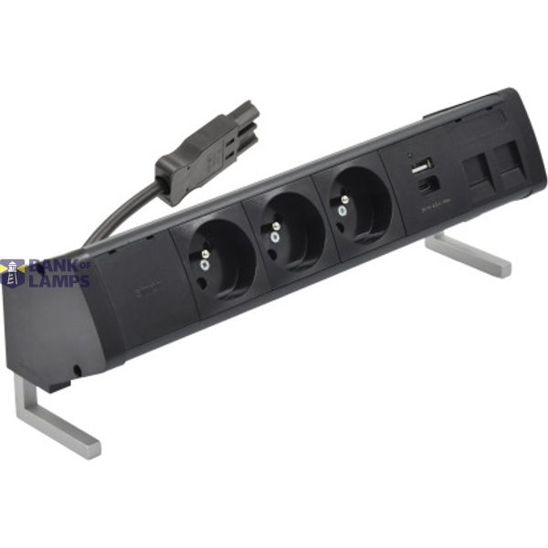 Desk socket set: 3x250V type E + USB A+C charger + 2xRJ45 plate with Keystone mounting, Wieland quick connector; black image 1