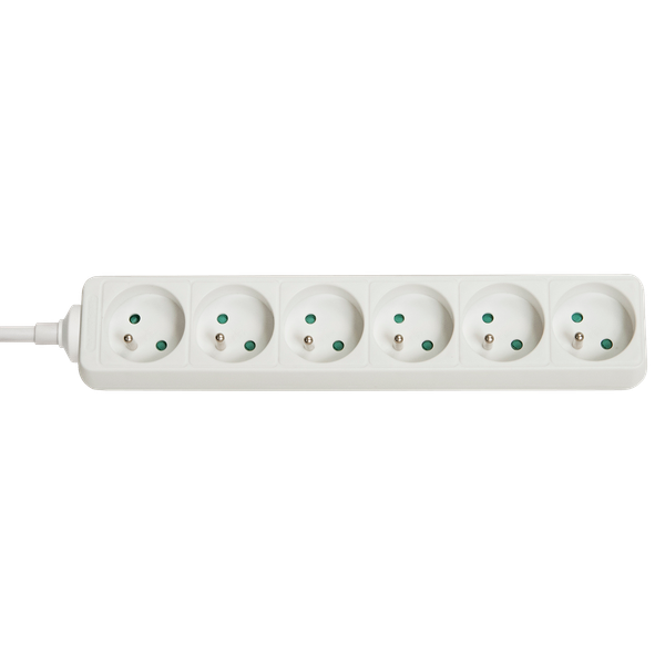 6-Way French Schuko Mains Power Extension, White Multi-socket outlet with 6 French sockets at 45°, for easy connection, 1.4m power cord. image 1