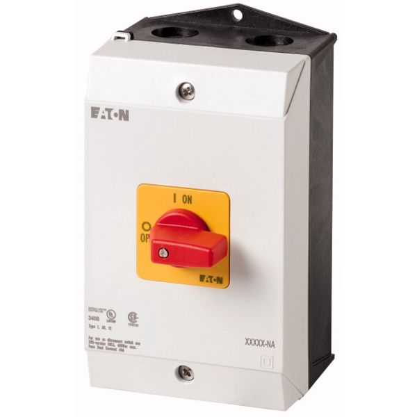P1-25/I2-RT-NA On-Off switch, P1, 25 A, surface mounting, 3 pole, Emergency switching off function, with red thumb grip and yellow front plate, UL/CSA image 1