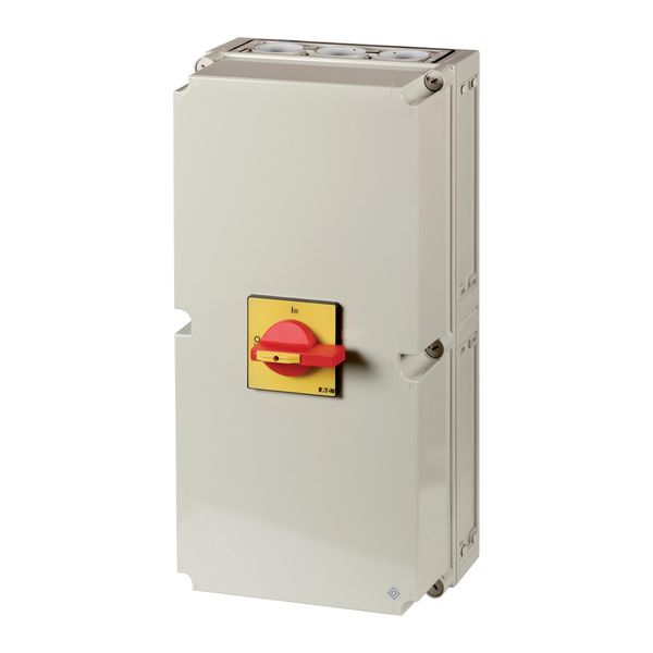 T8-3-8342/I48/SVB/HI11 Main switch, T8, 315 A, surface mounting, 3 contact unit(s), 6 pole, 1 N/O, 1 N/C, Emergency switching off function, With red rotary handle and yellow image 2