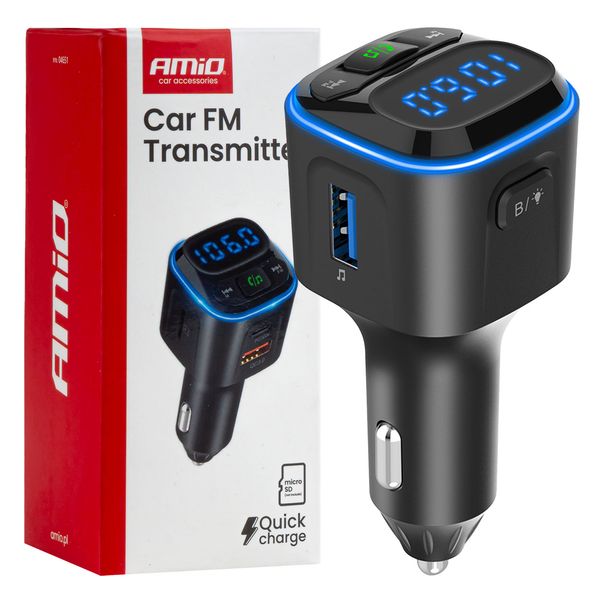 Car FM Transmitter 1×USB-A 2×USB-C 12V 24V AMIO-04651 image 1