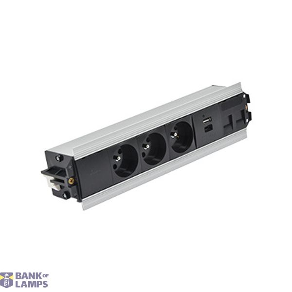 Indesk 3x250V typ E sockets + USB A+C charger + 2xRJ45 plate with Keystone mounting; Wieland quick connector; aluminum-black image 1