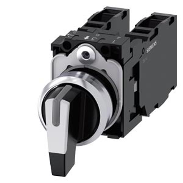 Toggle switch, 22 mm, round, metal, shiny, white, knob, long, 3 switch positions IOII, momentary image 1