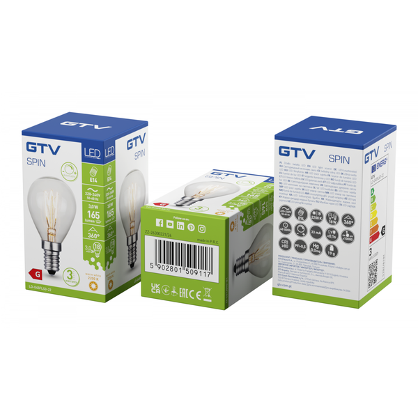 LED Bulb SPIN, E14, G45, 3 W, 165 lm, 2200K, AC220-240V, 360°, FILAMENT image 2
