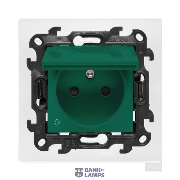 Single socket outlet with earthing for IP44 version without frame seal, with shutters, Push In system, (module), Simon 24, IP44, 16A, antibacterial green, Flap color: Same as a cover image 1