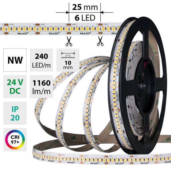 LED strip SMD2835 NW 240LED/m 14,4W/m DC 24V 1160lm/m CRI97 IP20 10mm 50m image 1