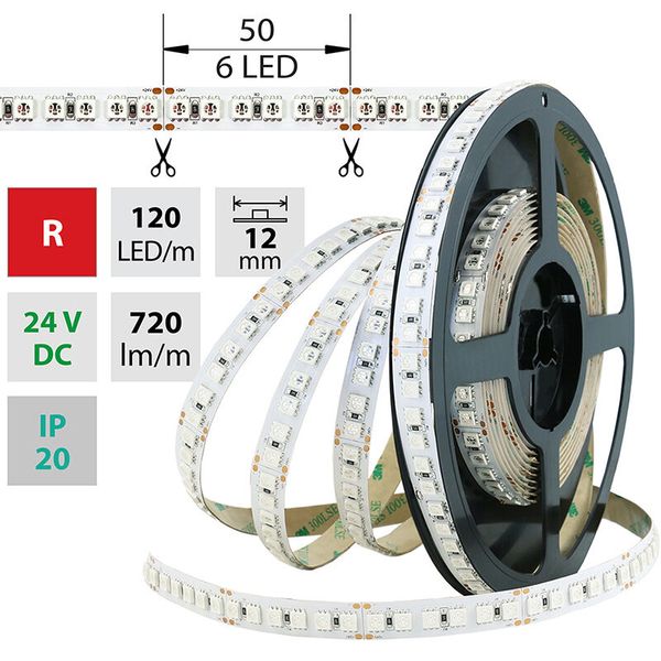 LED strip SMD5050 red, 120LED/m, 28.8W/m, 720lm/m, IP20, DC 24V, 12mm, 5m image 1