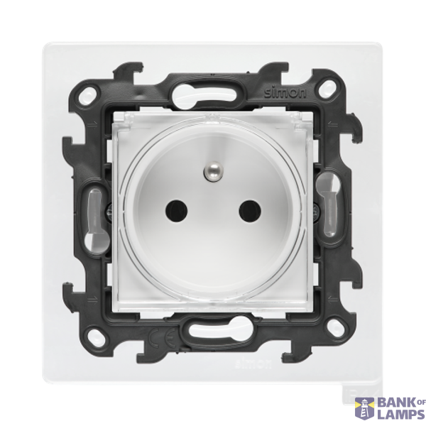 Single socket outlet with earthing for IP44 version with frame seal, without shutters, Push In system, (module), Simon 24, IP44, 16A, white, Flap color: Transparent image 1