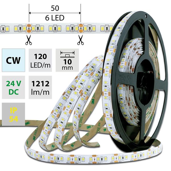 LED strip SMD2835 CW, 120LED/m, 14W/m, 1212lm/m, IP54, DC 24V, 10mm, 5m image 1