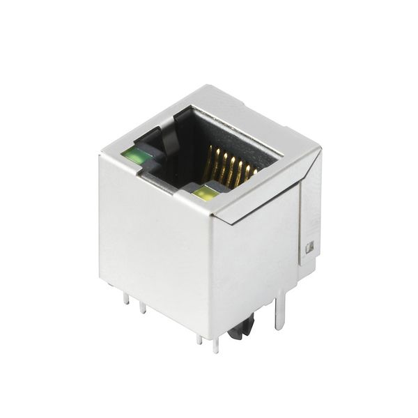 PCB plug-in connector, RJ45 jacks, Cat. 5 , THT solder connection, 180°, Shield tabs: none, 30...80 µ" Ni / ≥ 30 µ" Au , LED: Yes, green, yellow, Number of poles: 12, Tray (manual assembly) image 1